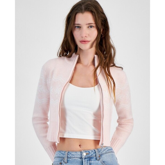 Planet Heart Juniors' Fair Isle Zip-Front Sweater - Icy Pink, XL - Picture 1 of 3